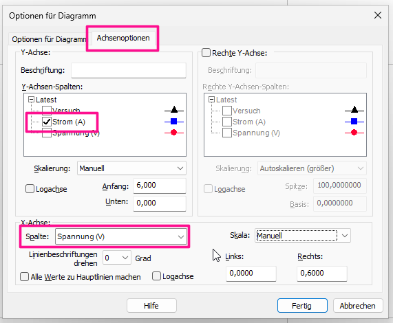 Loggerpro Diagrammoptionen Achsenoptionen
