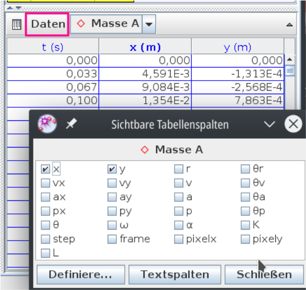 Tracker Datentabelle