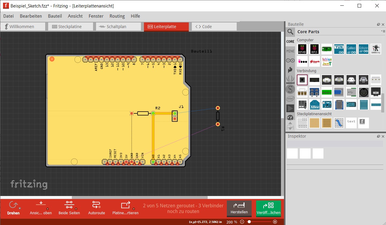 fritzing Bild eines einfachen Arduino Shields mit Massefüllung