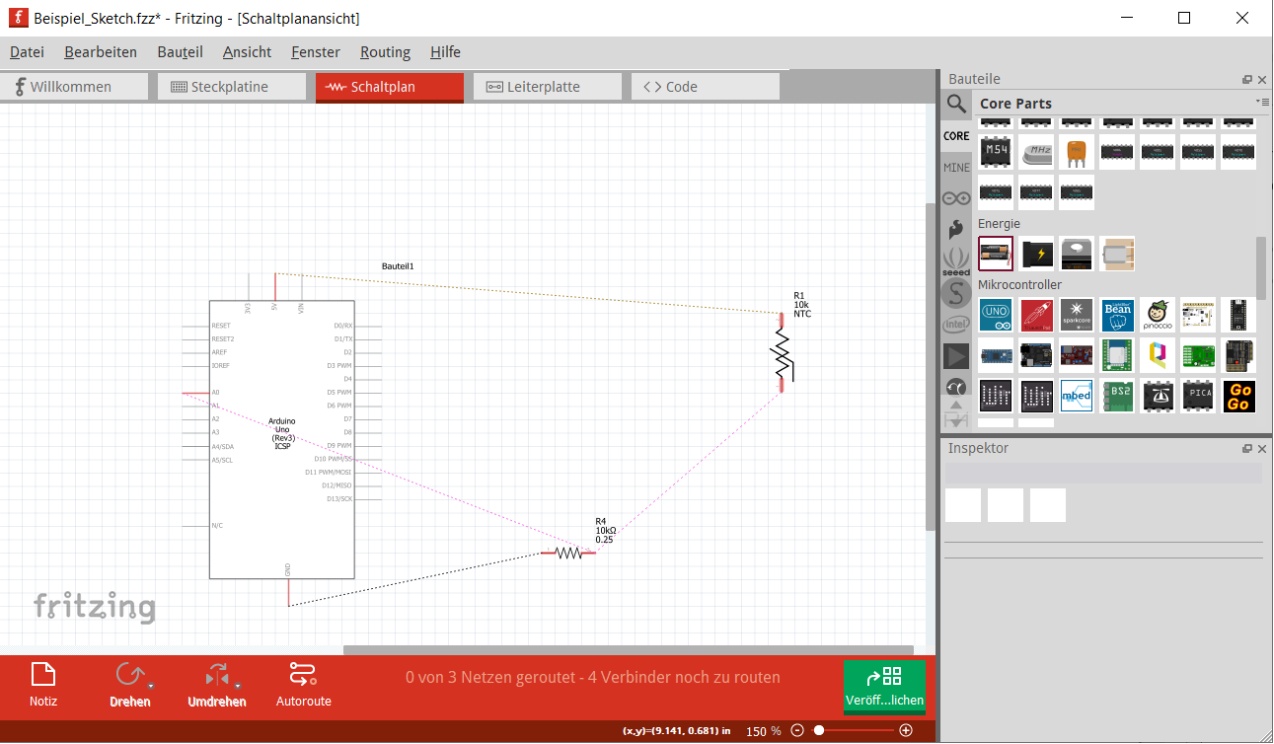 fritzing Schaltplan-Ansicht ungeroutet mit Air-Wires