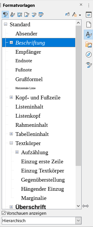 Hierarchie bei den Absatzvorlagen in der Seitenleiste