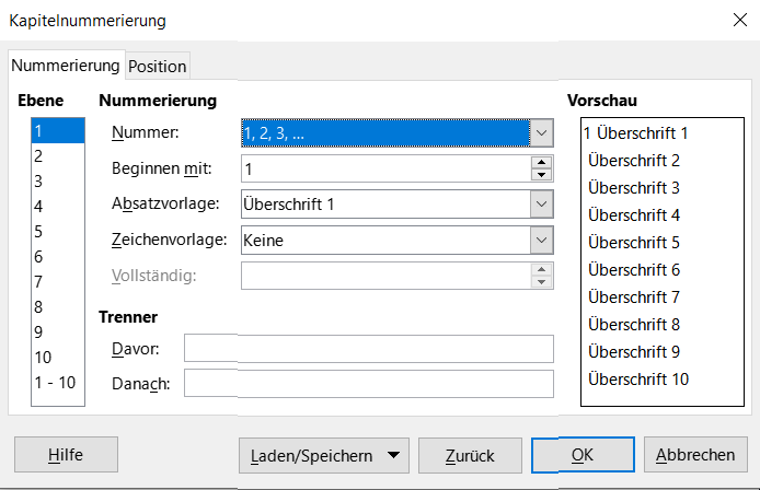 Kapitelnummerierung Dialog