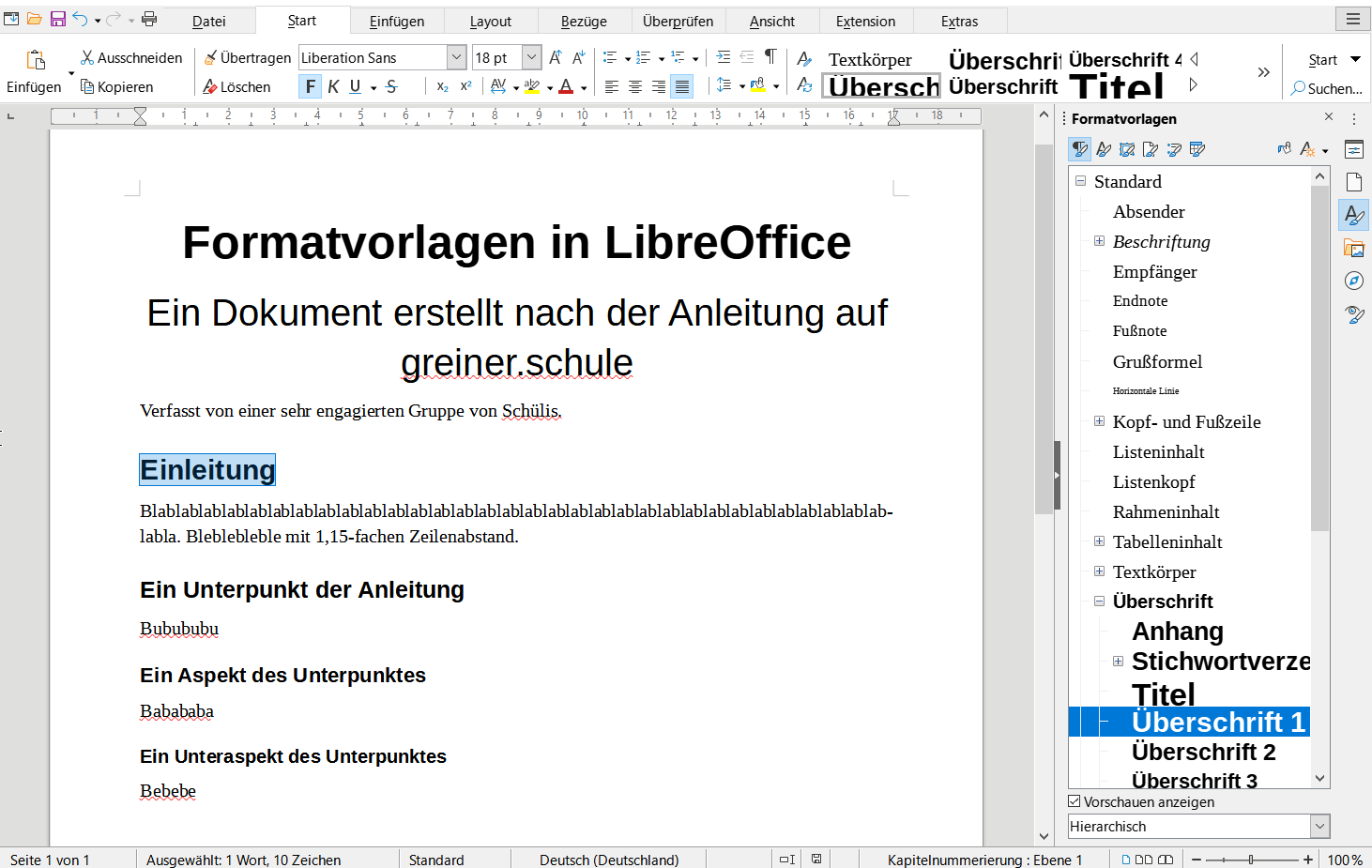 Beispiel für die Nutzung von Absatzvorlagen
