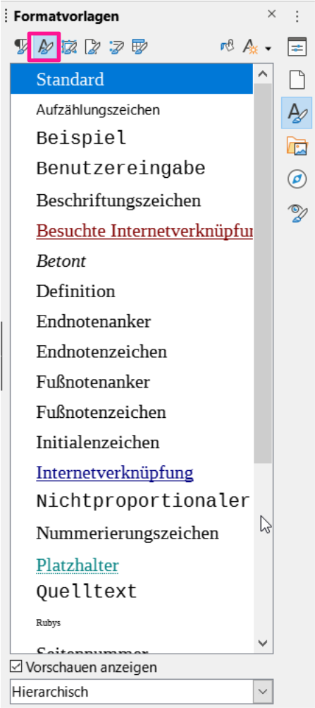 Zeichenvorlagen Seitenleiste