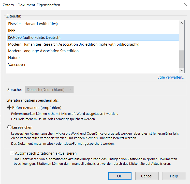 Zotero Dokumenten Eigenschaften für LibreOffice Writer mit ISO-690
