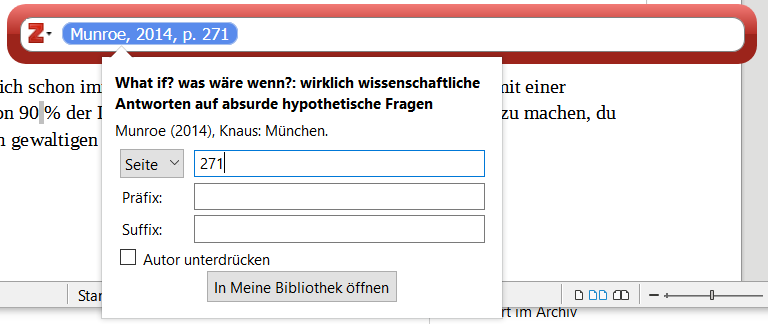 Zotero Suchfenster mit Optionen zur Quellenangabe in LibreOffice Writer