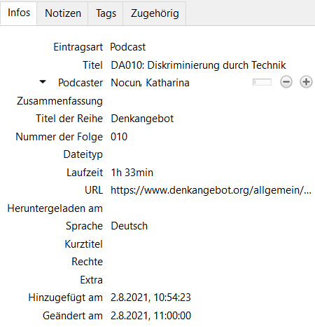 Denkangebot Podcast Folge 010 Zotero Eintrag