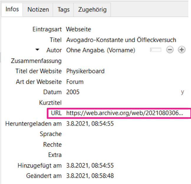 Zotero Eintrag mit Link auf Web-Archive