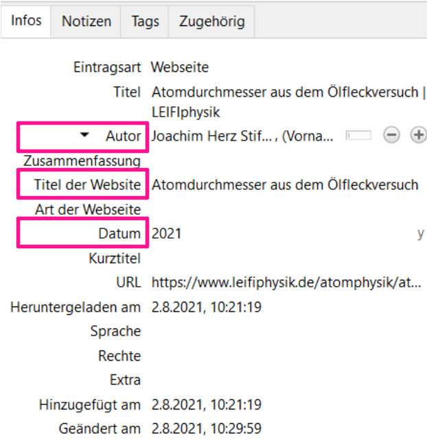 Leifi Eintrag in Zotero