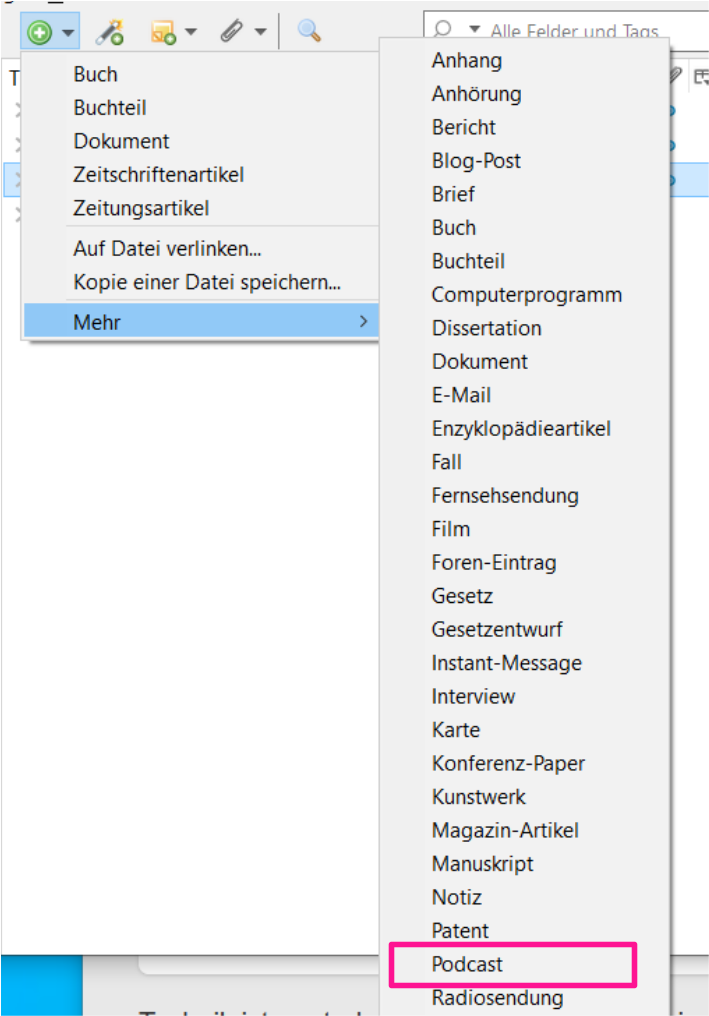 Zotero Podcast hinzufügen