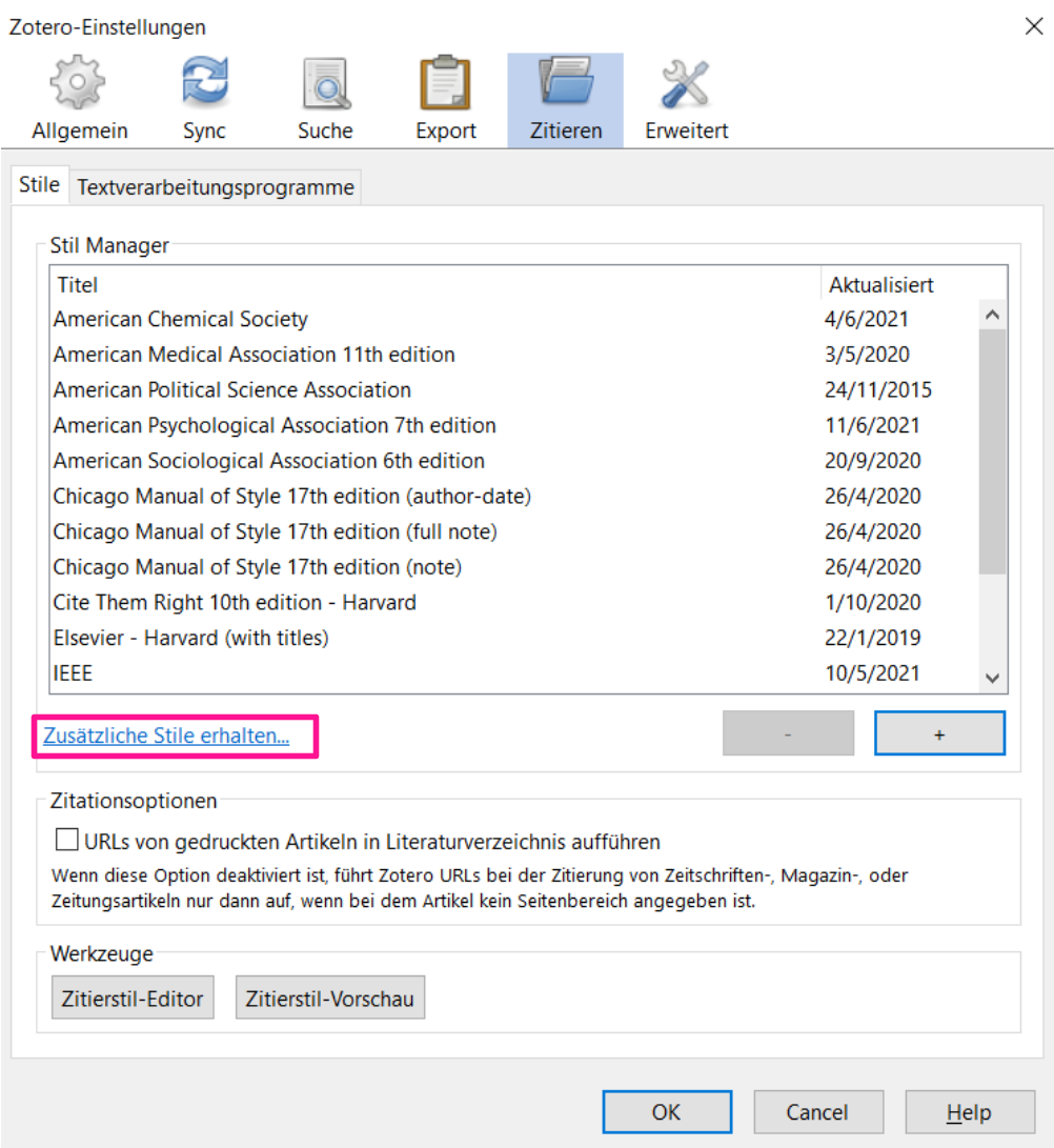 Zotero Einstellungen zum Zitieren