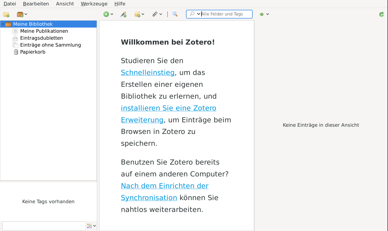 Zotero Willkommens-Bildschirm